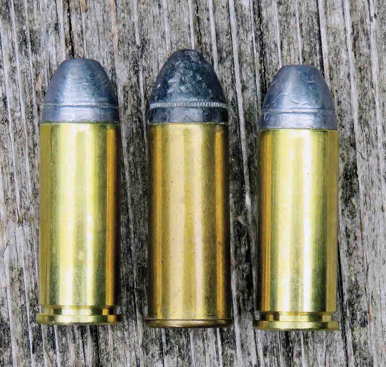 Two “modern” .44 Colt loads with an old original load by U.S. Cartridge Company in between them.